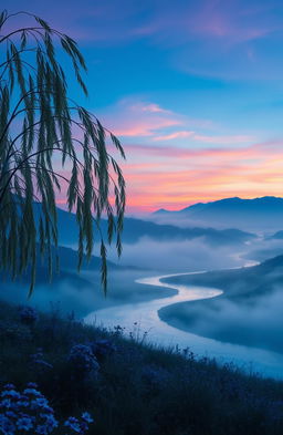 A surreal and emotional landscape that captures the essence of sadness and beauty, featuring a twilight sky with hues of deep blue and soft violet