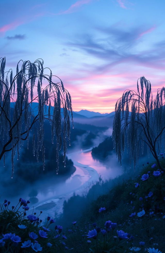 A surreal and emotional landscape that captures the essence of sadness and beauty, featuring a twilight sky with hues of deep blue and soft violet