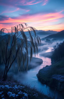 A surreal and emotional landscape that captures the essence of sadness and beauty, featuring a twilight sky with hues of deep blue and soft violet