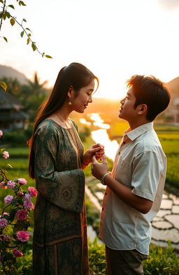 A romantic scene set in Indonesia featuring a young couple exchanging a cherished family heirloom necklace that belonged to the girl's grandmother