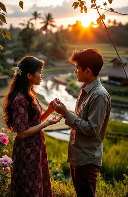 A romantic scene set in Indonesia featuring a young couple exchanging a cherished family heirloom necklace that belonged to the girl's grandmother