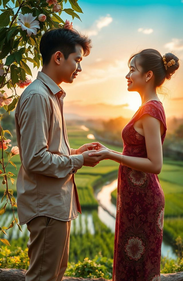 A romantic scene set in Indonesia featuring a young couple exchanging a cherished family heirloom necklace that belonged to the girl's grandmother