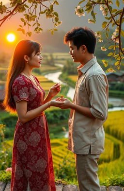 A romantic scene set in Indonesia featuring a young couple exchanging a cherished family heirloom necklace that belonged to the girl's grandmother