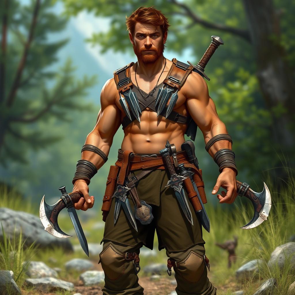 A rugged human ranger character in a fantasy D&D setting, standing confidently in a natural outdoor environment