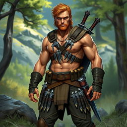 A rugged human ranger character in a fantasy D&D setting, standing confidently in a natural outdoor environment