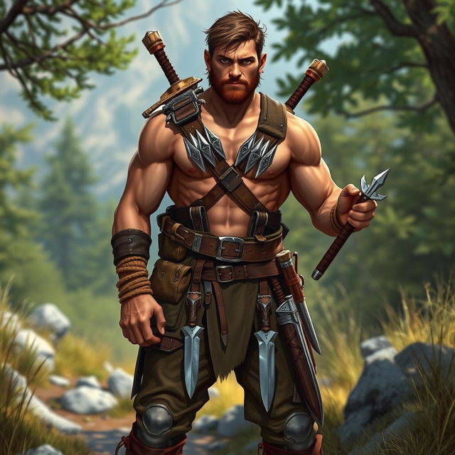 A rugged human ranger character in a fantasy D&D setting, standing confidently in a natural outdoor environment