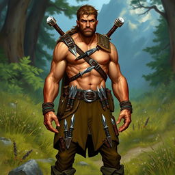 A rugged human ranger character in a fantasy D&D setting, standing confidently in a natural outdoor environment