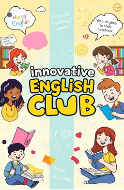 A vibrant and colorful cover design for an innovative English club notebook featuring cartoon-style animated characters engaged in various activities related to learning English
