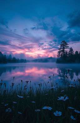 A mesmerizing and ethereal poster design for a poetry book titled 'Sad and Beautiful', featuring a stunning landscape with a tranquil, misty lake reflecting a twilight sky filled with deep blues and soft purples