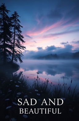 A mesmerizing and ethereal poster design for a poetry book titled 'Sad and Beautiful', featuring a stunning landscape with a tranquil, misty lake reflecting a twilight sky filled with deep blues and soft purples