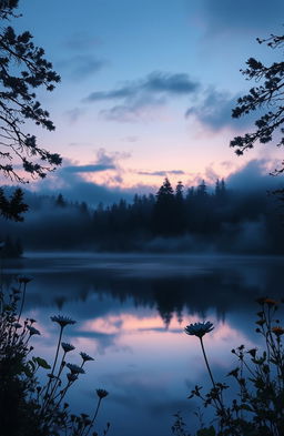 A mesmerizing and ethereal poster design for a poetry book titled 'Sad and Beautiful', featuring a stunning landscape with a tranquil, misty lake reflecting a twilight sky filled with deep blues and soft purples