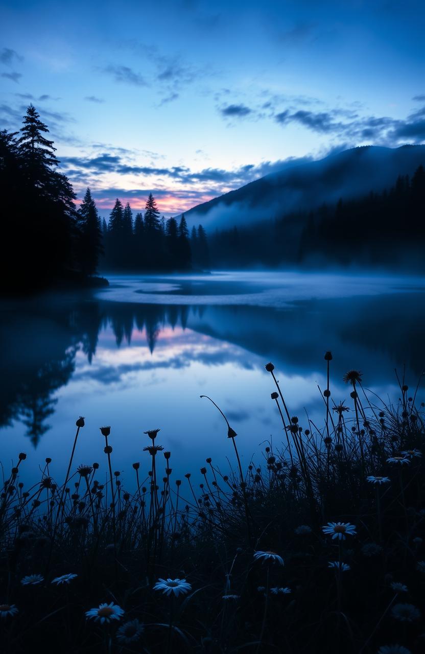 A mesmerizing and ethereal poster design for a poetry book titled 'Sad and Beautiful', featuring a stunning landscape with a tranquil, misty lake reflecting a twilight sky filled with deep blues and soft purples