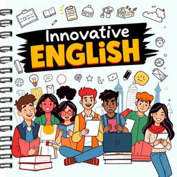 A dynamic and engaging cover design for an innovative English club notebook tailored for bachelor degree students, featuring cartoon-style animated characters