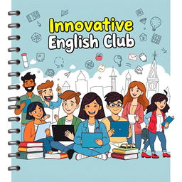A dynamic and engaging cover design for an innovative English club notebook tailored for bachelor degree students, featuring cartoon-style animated characters