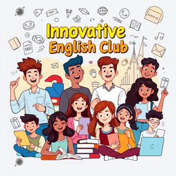 A dynamic and engaging cover design for an innovative English club notebook tailored for bachelor degree students, featuring cartoon-style animated characters