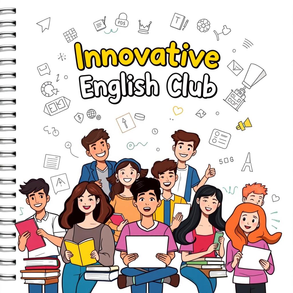 A dynamic and engaging cover design for an innovative English club notebook tailored for bachelor degree students, featuring cartoon-style animated characters