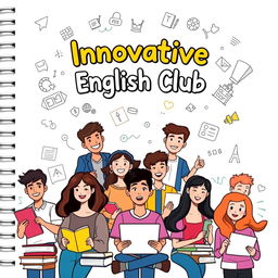 A dynamic and engaging cover design for an innovative English club notebook tailored for bachelor degree students, featuring cartoon-style animated characters