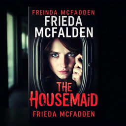 The cover of a psychological thriller book titled "The Housemaid" by Freida McFadden, featuring an eerie and suspenseful atmosphere