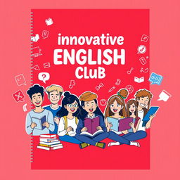 A captivating cover design for an innovative English club notebook, tailored for bachelor degree students, featuring cartoon-style animated characters