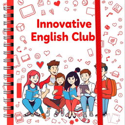 A captivating cover design for an innovative English club notebook, tailored for bachelor degree students, featuring cartoon-style animated characters
