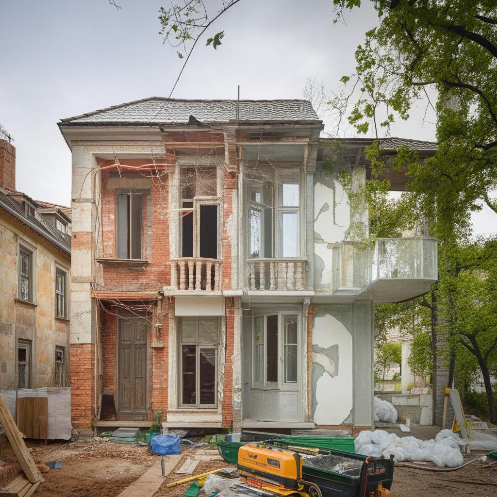 A charming old house midway through a thorough renovation, with elements of old and new architecture intertwining, construction tools scattered and sections being transformed.