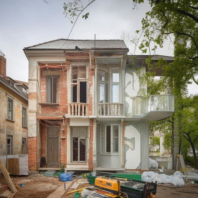 A charming old house midway through a thorough renovation, with elements of old and new architecture intertwining, construction tools scattered and sections being transformed.