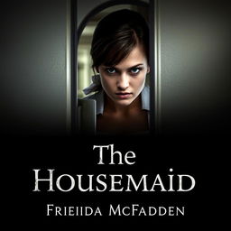 A chilling and suspenseful book cover for 'The Housemaid' by Freida McFadden, featuring a woman with a tense expression peering through a keyhole