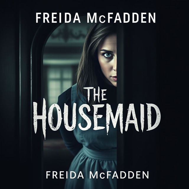 A chilling and suspenseful book cover for 'The Housemaid' by Freida McFadden, featuring a woman with a tense expression peering through a keyhole