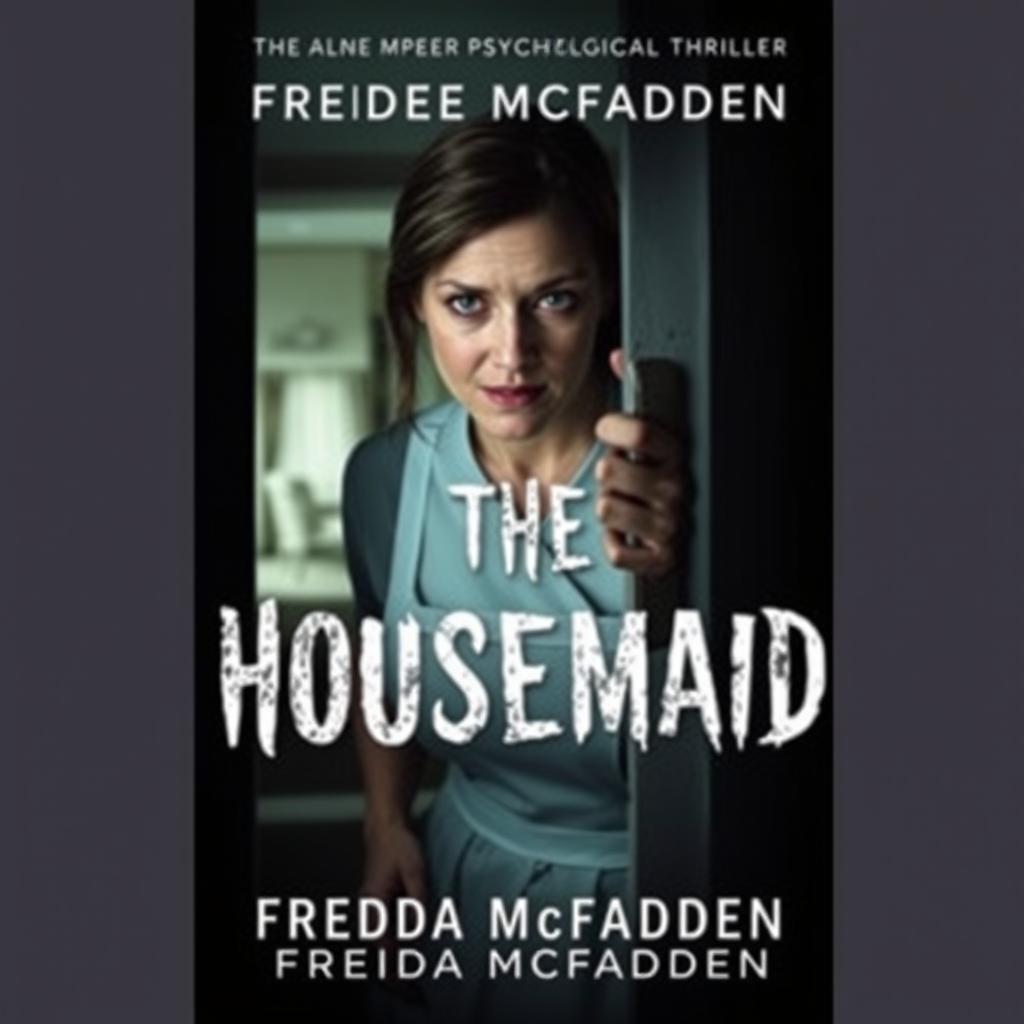 A chilling and suspenseful book cover for 'The Housemaid' by Freida McFadden, featuring a woman with a tense expression peering through a keyhole