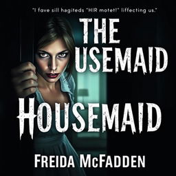 A chilling and suspenseful book cover for 'The Housemaid' by Freida McFadden, featuring a woman with a tense expression peering through a keyhole