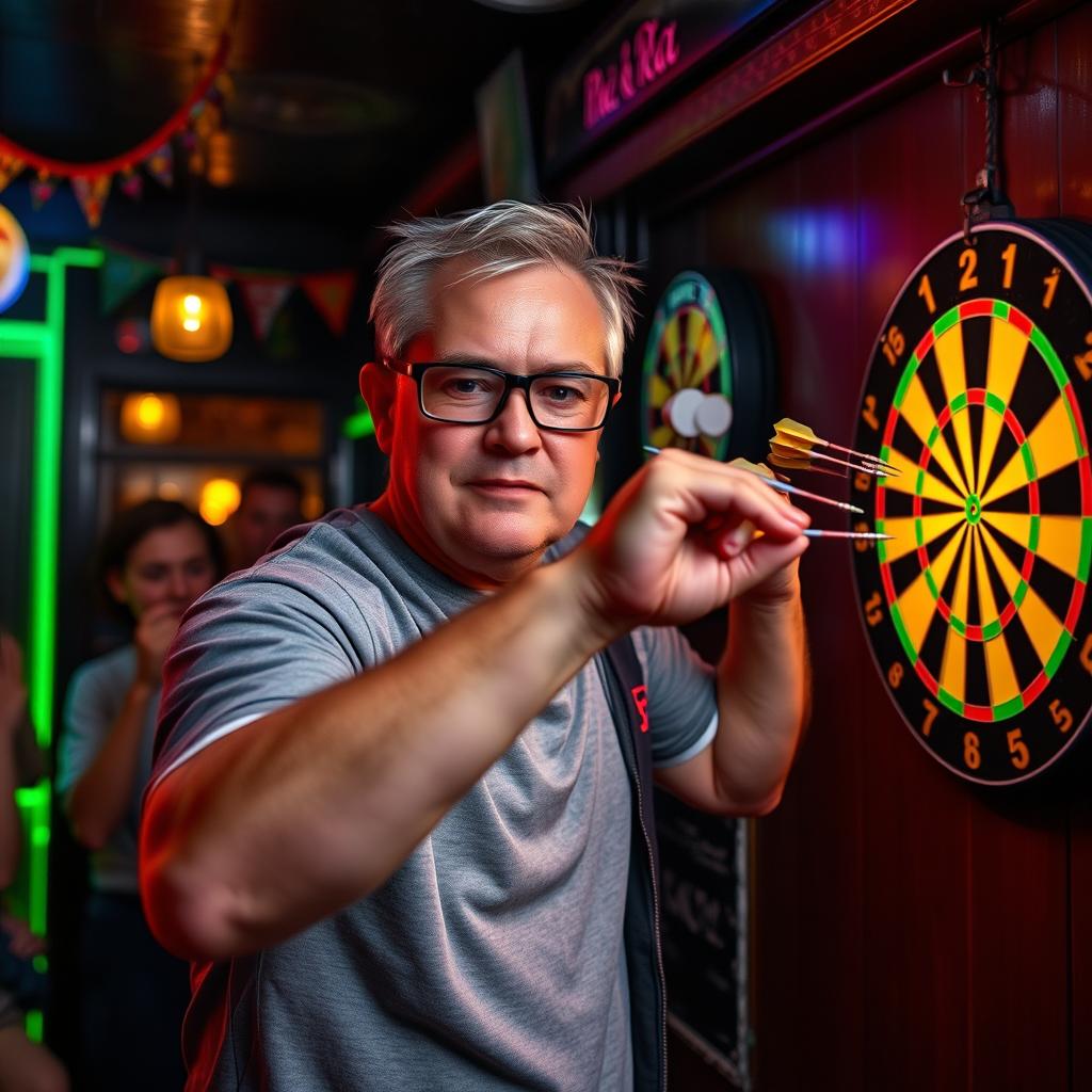 A blind man expertly throwing darts at a dartboard, showcasing his incredible skills