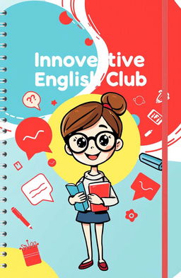 A vibrant and eye-catching cover design for an innovative English club notebook aimed at bachelor's degree students