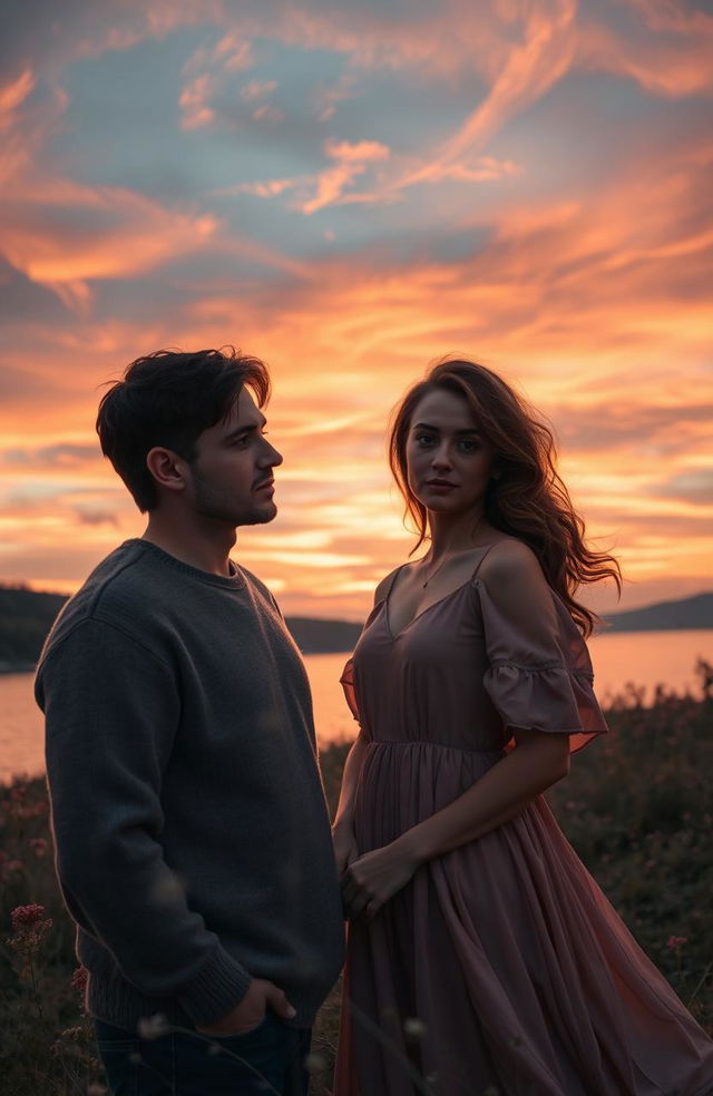 A beautifully melancholic scene featuring a man and a woman standing side by side in a serene landscape during sunset, their expressions reflecting deep emotion and longing