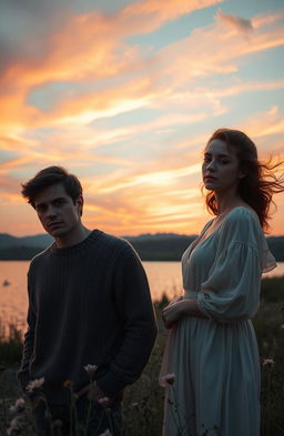 A beautifully melancholic scene featuring a man and a woman standing side by side in a serene landscape during sunset, their expressions reflecting deep emotion and longing
