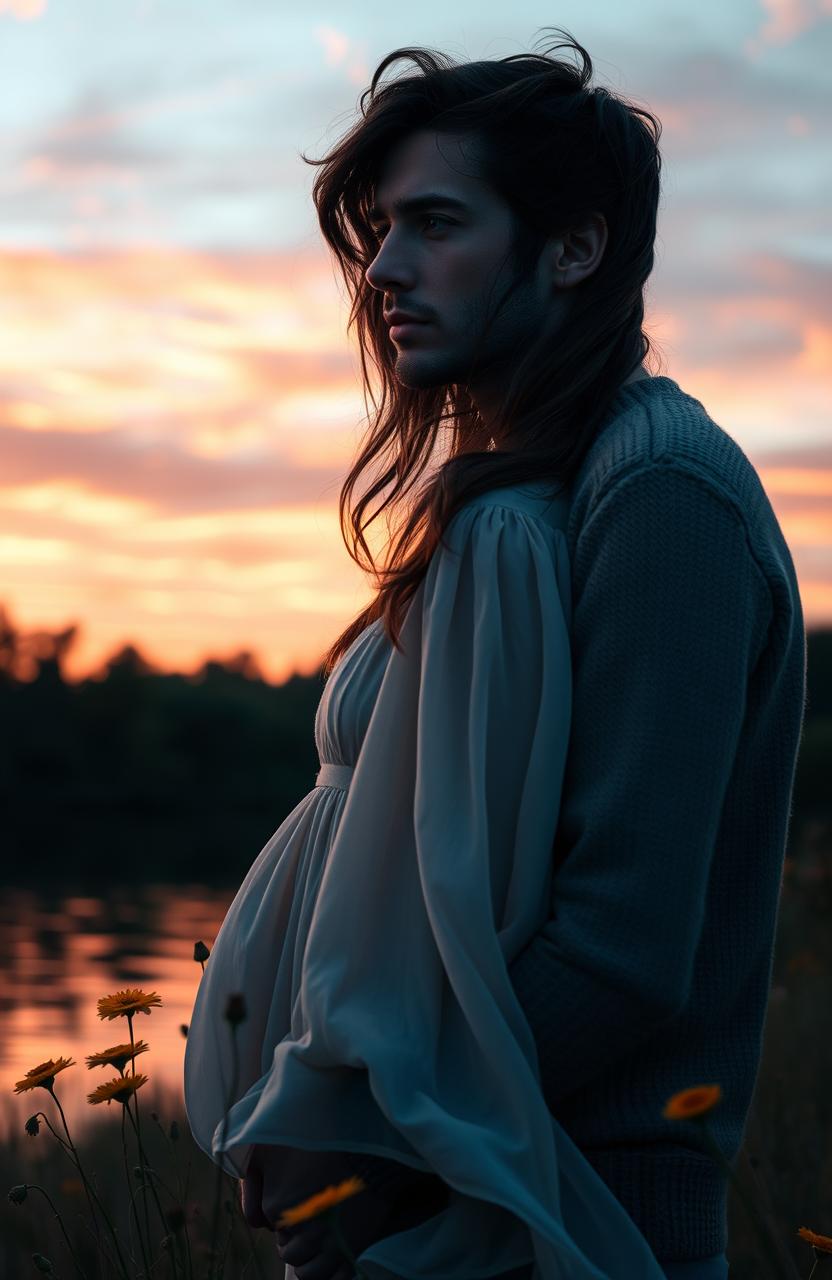 A beautifully melancholic scene featuring a man and a woman standing side by side in a serene landscape during sunset, their expressions reflecting deep emotion and longing