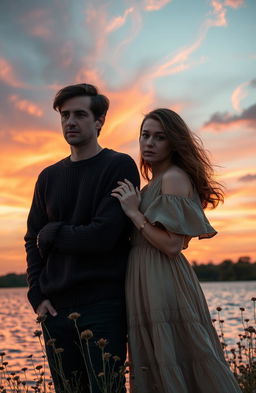 A beautifully melancholic scene featuring a man and a woman standing side by side in a serene landscape during sunset, their expressions reflecting deep emotion and longing