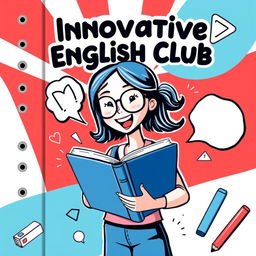 A lively and engaging cover design for an innovative English club notebook tailored for bachelor's degree students