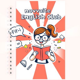 A lively and engaging cover design for an innovative English club notebook tailored for bachelor's degree students