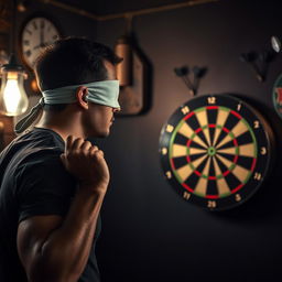 A man wearing a blindfold, focusing intently as he throws darts at a dartboard