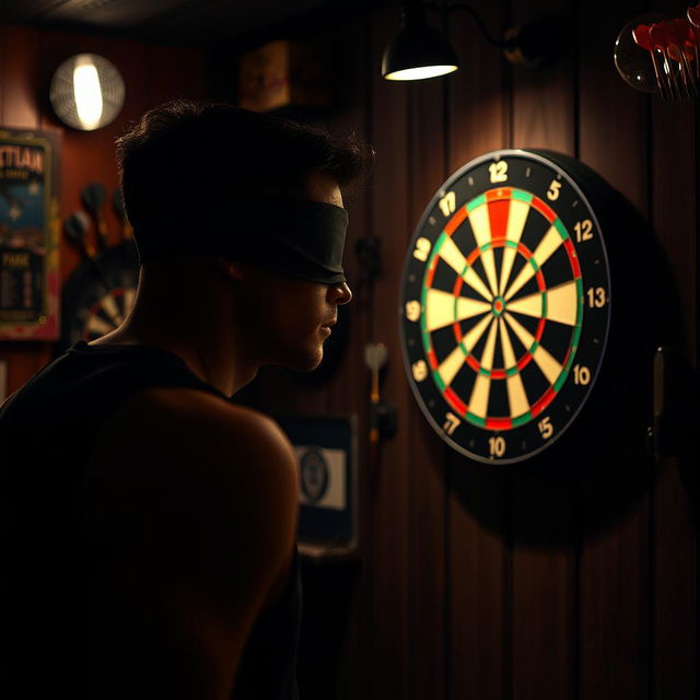 A man wearing a blindfold, focusing intently as he throws darts at a dartboard