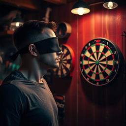 A man wearing a blindfold, focusing intently as he throws darts at a dartboard