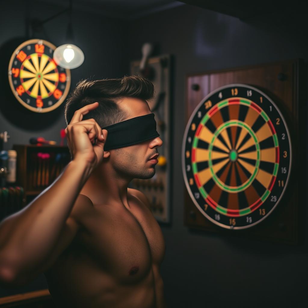 A man wearing a blindfold, focusing intently as he throws darts at a dartboard