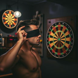 A man wearing a blindfold, focusing intently as he throws darts at a dartboard