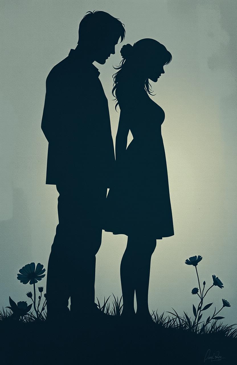 A striking and emotional poster featuring the shadows of a man and woman, artistically intertwined on a textured backdrop that evokes a sense of melancholy