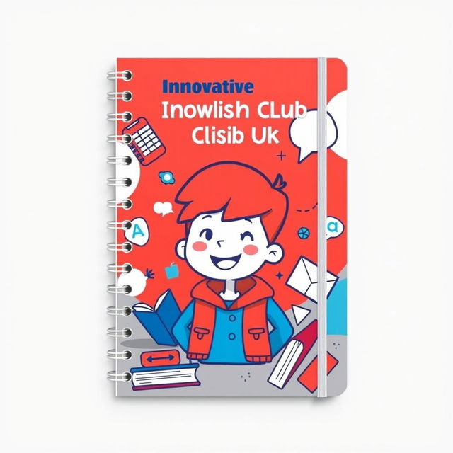 An engaging notebook cover design for the Innovative English Club featuring a colorful animated cartoon theme