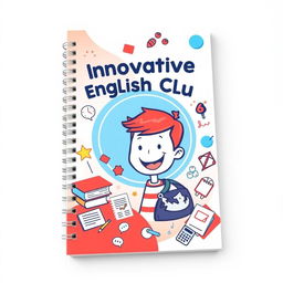 An engaging notebook cover design for the Innovative English Club featuring a colorful animated cartoon theme
