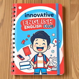 An engaging notebook cover design for the Innovative English Club featuring a colorful animated cartoon theme