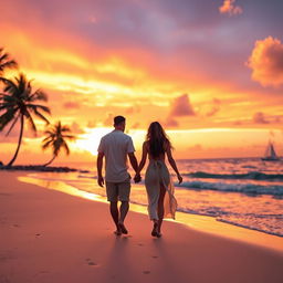 A gorgeous, romantic sunset scene at a tropical beach, featuring a couple holding hands, walking along the shore