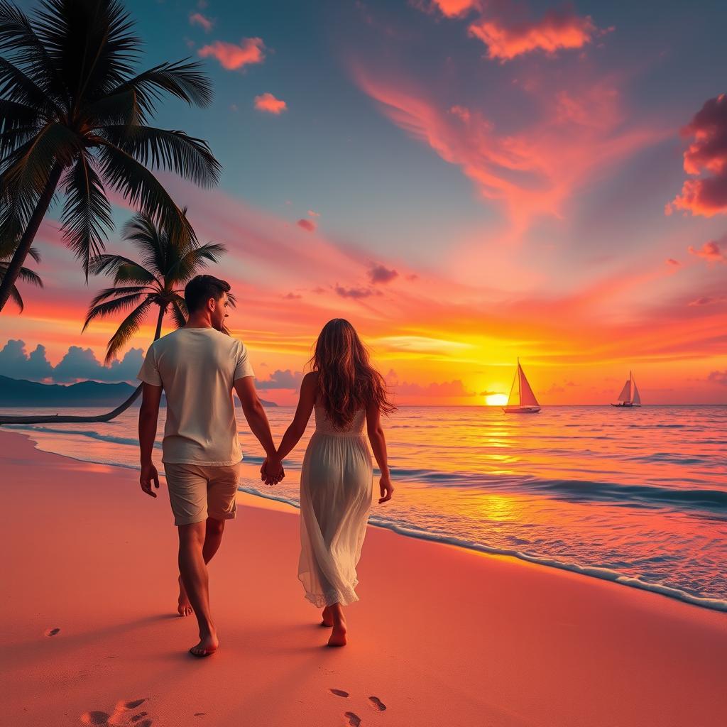 A gorgeous, romantic sunset scene at a tropical beach, featuring a couple holding hands, walking along the shore