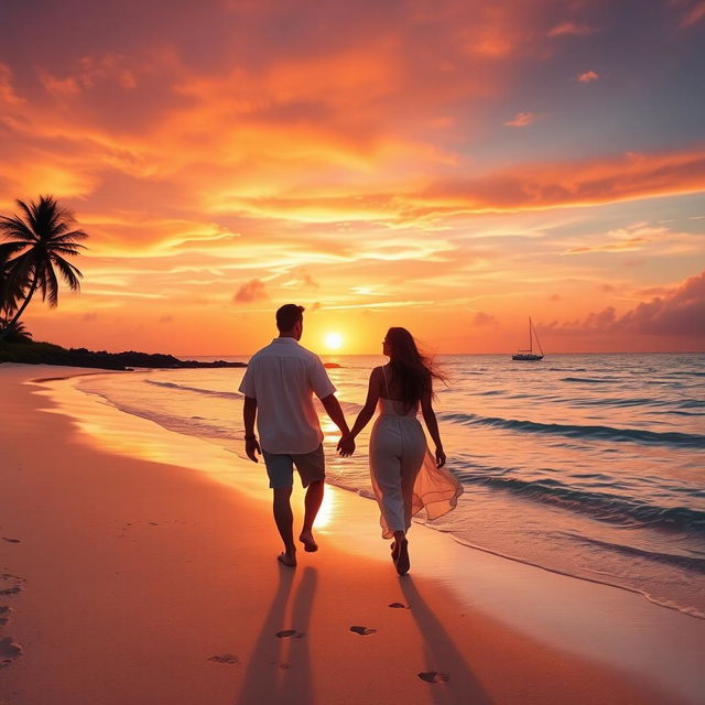 A gorgeous, romantic sunset scene at a tropical beach, featuring a couple holding hands, walking along the shore